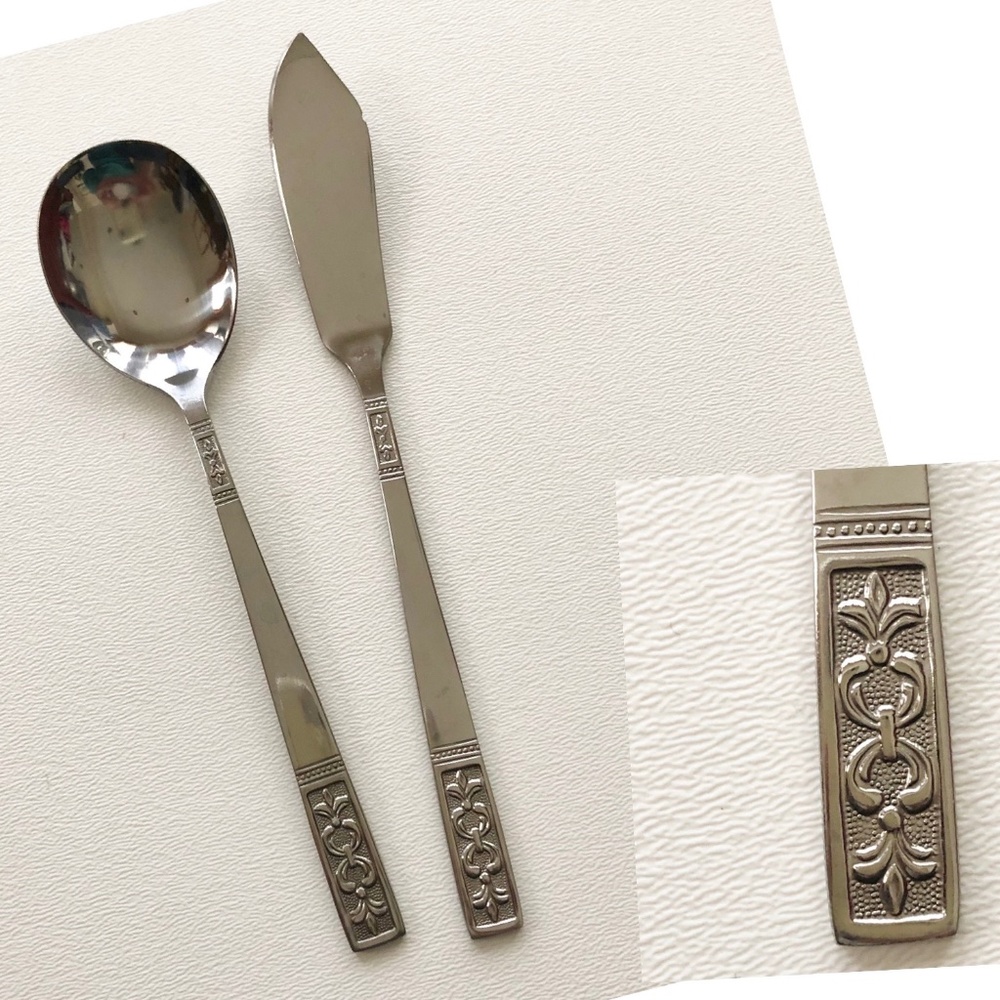 VTG 60s Customcraft "Fleur de Lis" Sugar Spoon & Butter Knife Stainless Steel